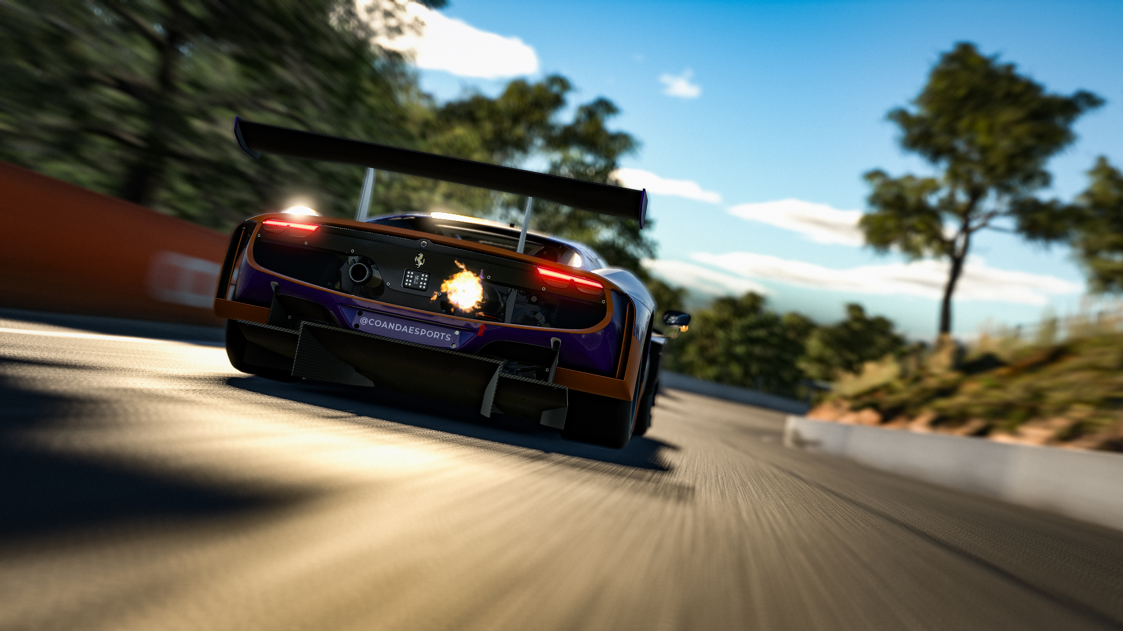 Coanda Ferrari at Bathurst — rear view with exhaust flames